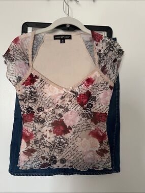 Almost Famous Pink Floral Lace-Trim Mesh Top